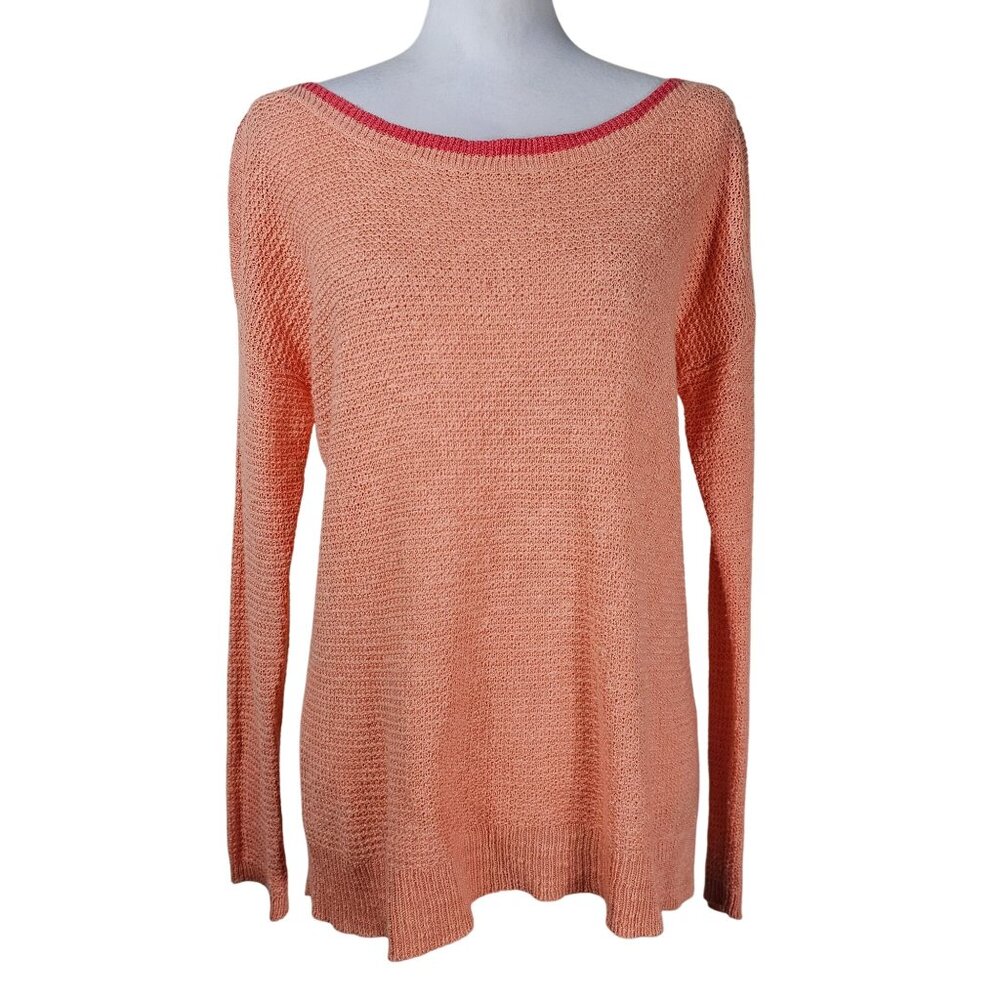 Eileen Fisher‎ Linen Textured Knit Sweater M Orange Pink Boatneck Coastal Resort